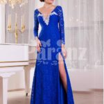 Women’s deep v cut floor length side slit satin evening gown with all over blue lace work