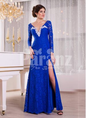 Women’s deep v cut floor length side slit satin evening gown with all over blue lace work