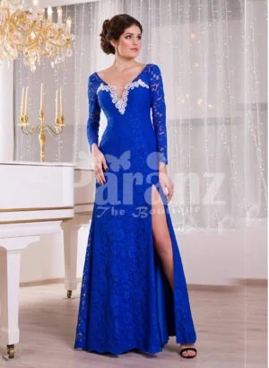 Women’s deep v cut floor length side slit satin evening gown with all over blue lace work