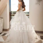 Women’s dreamy pearl white wedding tulle gown with royal bodice back side view