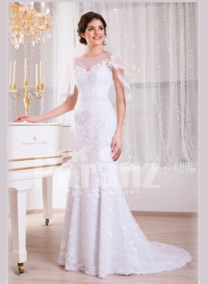 Women’s dreamy sleeveless mermaid styled rich satin-sheer wedding gown with tulle skirt