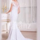 Women’s dreamy sleeveless mermaid styled rich satin-sheer wedding gown with tulle skirt back side view