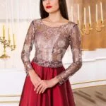Women’s elegant and glam evening gown with rose beige bodice and smooth satin red skirt