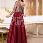 Women’s elegant and glam evening gown with rose beige bodice and smooth satin red skirt back side view