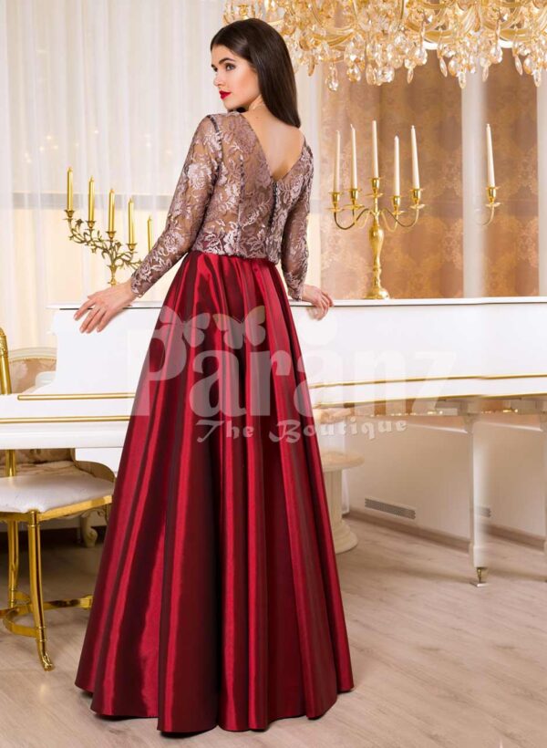 Women’s elegant and glam evening gown with rose beige bodice and smooth satin red skirt back side view