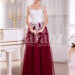 Women’s elegant contrast evening gown with maroon tulle skirt and white lacy bodice