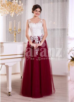 Women’s elegant contrast evening gown with maroon tulle skirt and white lacy bodice