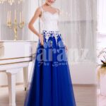 Women’s elegant contrast evening gown with royal blue tulle skirt and satin white bodice