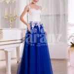 Women’s elegant contrast evening gown with royal blue tulle skirt and satin white bodice