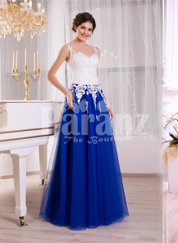 Women’s elegant contrast evening gown with royal blue tulle skirt and satin white bodice