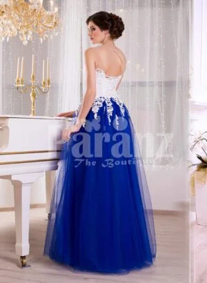 Women’s elegant contrast evening gown with royal blue tulle skirt and satin white bodice side view