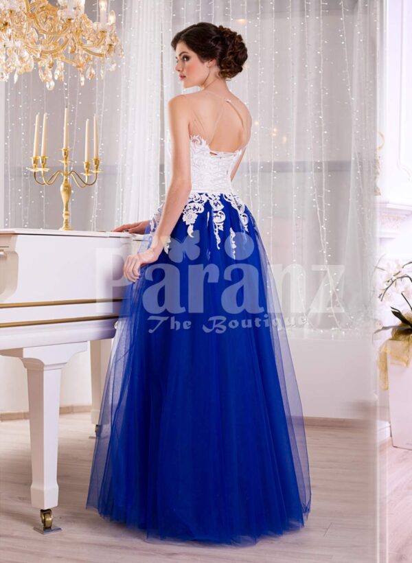 Women’s elegant contrast evening gown with royal blue tulle skirt and satin white bodice side view