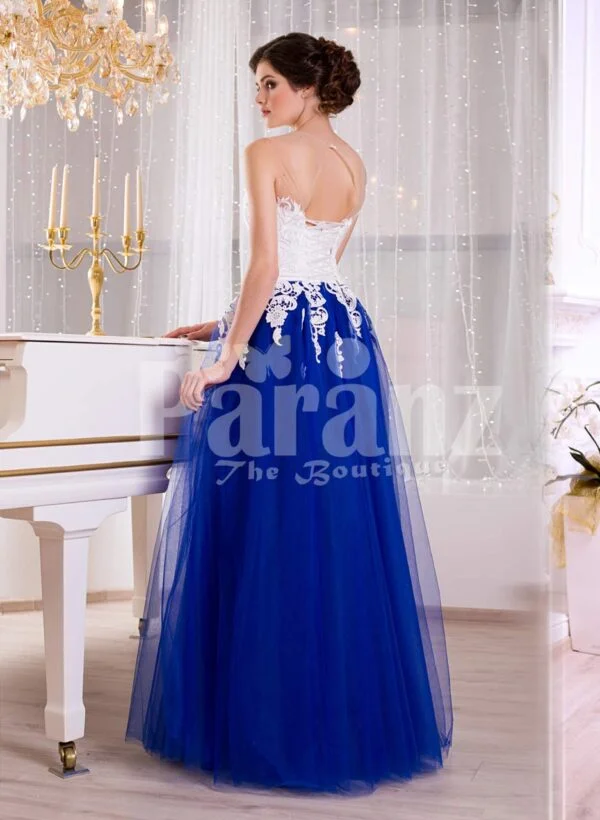 Women’s elegant contrast evening gown with royal blue tulle skirt and satin white bodice side view