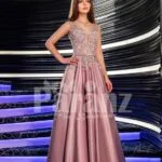 Women’s elegant metal pink evening gown with satin skirt and floral appliquéd bodice