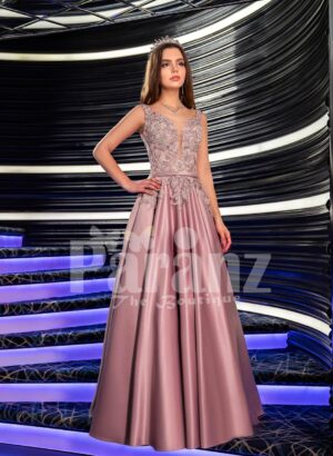 Women’s elegant metal pink evening gown with satin skirt and floral appliquéd bodice