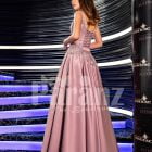 Women’s elegant metal pink evening gown with satin skirt and floral appliquéd bodice back side view