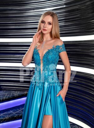 Women’s elegant off-shoulder evening gown with side slit satin skirt in bright blue