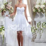 Women’s elegant off-shoulder pearl white rich satin high low wedding dress