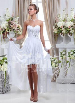 Women’s elegant off-shoulder pearl white rich satin high low wedding dress