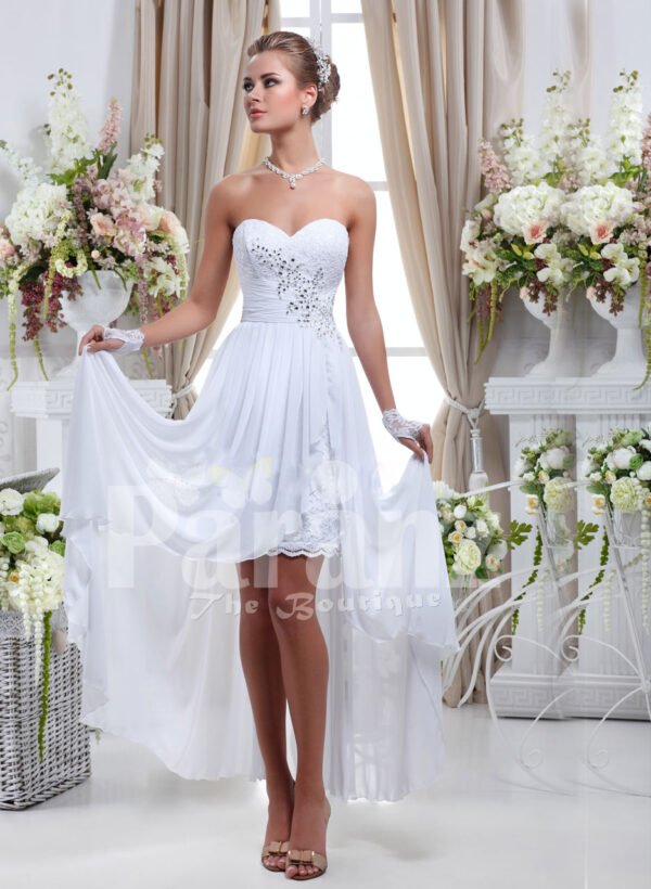 Women’s elegant off-shoulder pearl white rich satin high low wedding dress