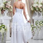 Women’s elegant off-shoulder pearl white rich satin high low wedding dress back side view