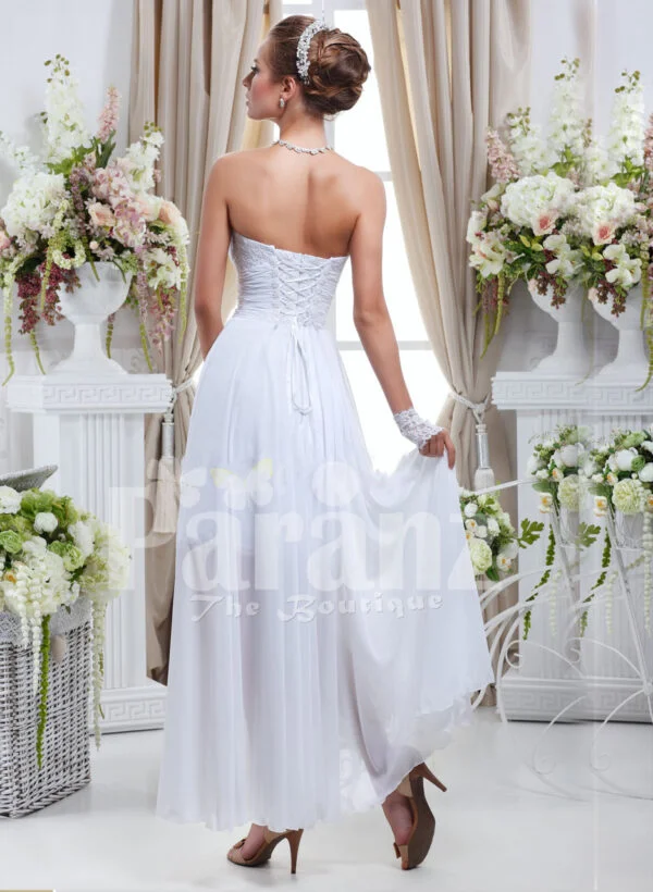 Women’s elegant off-shoulder pearl white rich satin high low wedding dress back side view