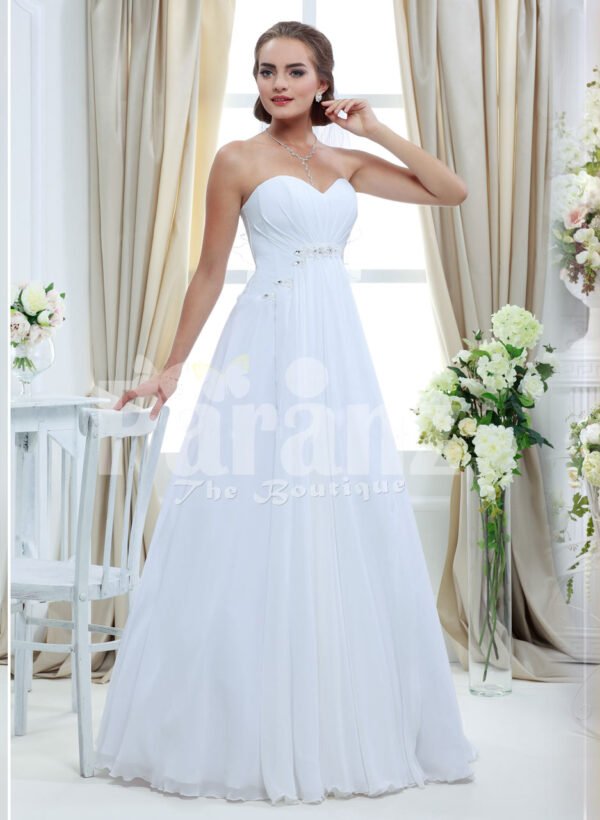 Women’s elegant off-shoulder satin floor length wedding gown with tulle skirt underneath