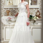 Women’s elegant pearl white floor length wedding gown with super lacy bodice and tulle skirt