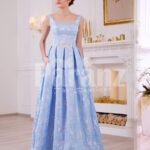 Women’s elegant rich satin self-floral work floor length evening gown in sky blue