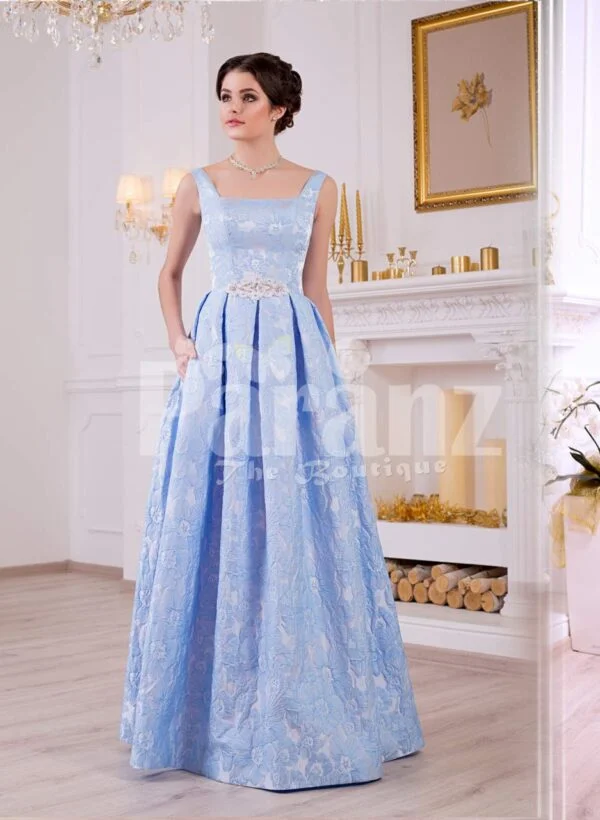 Women’s elegant rich satin self-floral work floor length evening gown in sky blue