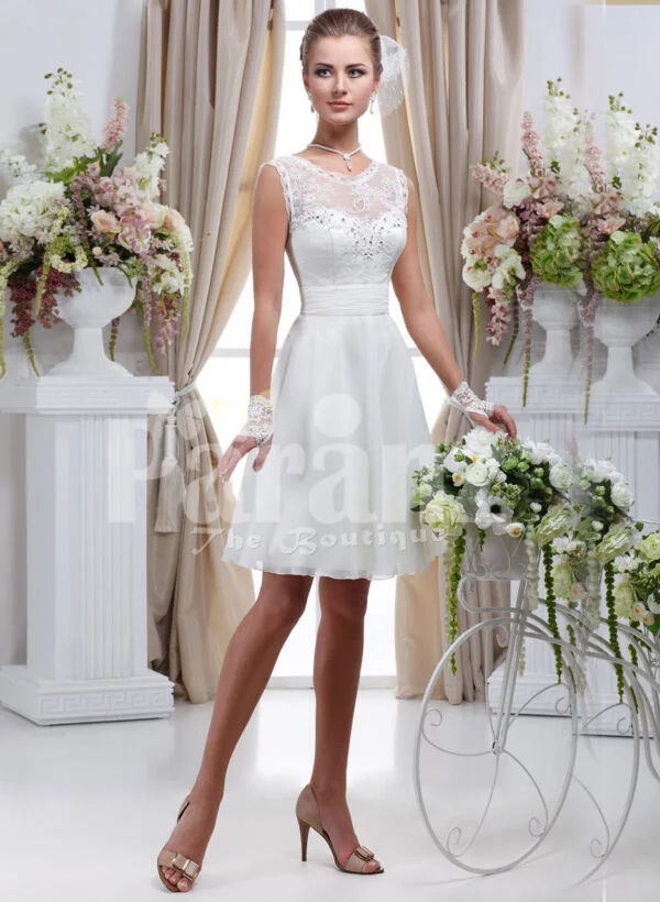 Women’s elegant tea length rich satin wedding dress with rich rhinestone works