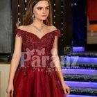 Women’s exciting maroon evening gown with side slit skirt and royal rhinestone bodice