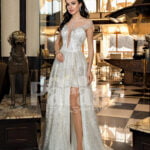 Women’s exciting off-shoulder side slit wedding tulle gown in glitz white