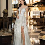 Women’s exciting off-shoulder side slit wedding tulle gown in glitz white