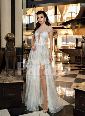 Women’s exciting off-shoulder side slit wedding tulle gown in glitz white