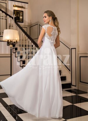 Women’s exclusive floor length tulle wedding gown with royal lacy bodice back side view