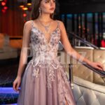 Women’s exclusive mauve evening gown with royal appliquéd bodice and side slit tulle skirt