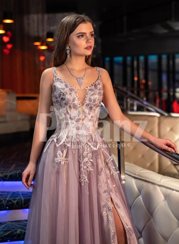 Women’s exclusive mauve evening gown with royal appliquéd bodice and side slit tulle skirt