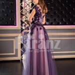 Women’s fairy princess appliquéd bodice purple gown with floor length tulle skirt back side view