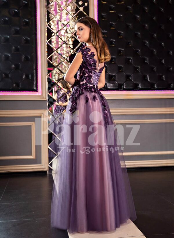 Women’s fairy princess appliquéd bodice purple gown with floor length tulle skirt back side view