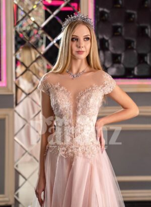 Women’s fairy princess style side slit satin-tulle evening gown in pink