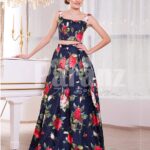 Women’s fancy rich satin floor length blue gown with colorful floral prints all over
