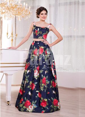 Women’s fancy rich satin floor length blue gown with colorful floral prints all over