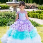 Women’s floor length multi-color ruffle-tulle skirt baby gown with smooth satin-sheer bodice