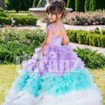 Women’s floor length multi-color ruffle-tulle skirt baby gown with smooth satin-sheer bodice back side view