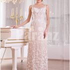 Women’s floor length sleek tulle evening gown with all over white floral lace appliqués