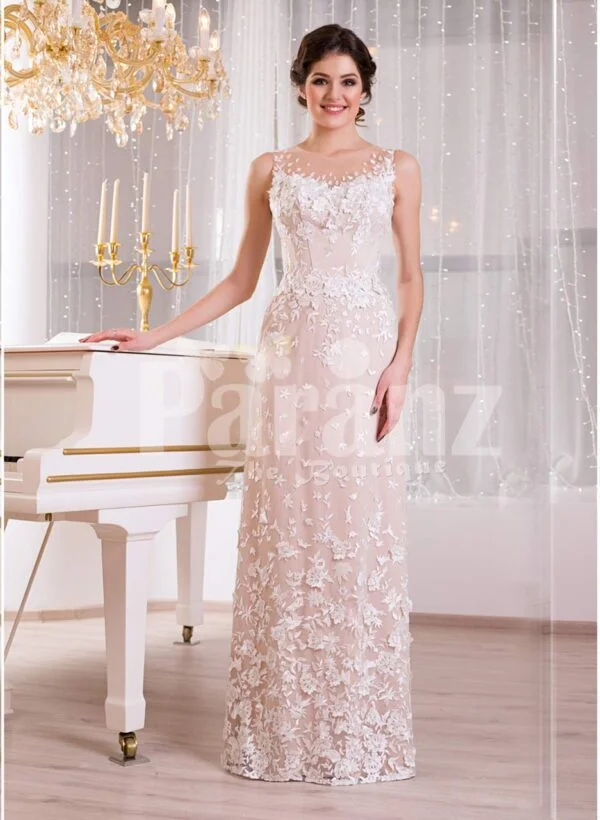 Women’s floor length sleek tulle evening gown with all over white floral lace appliqués