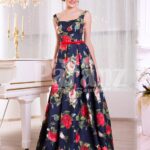 Women’s floor length super stylish blue satin gown with rosette print all over