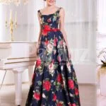 Women’s floor length super stylish blue satin gown with rosette print all over