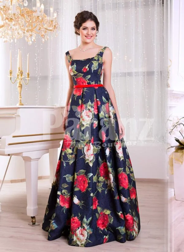 Women’s floor length super stylish blue satin gown with rosette print all over